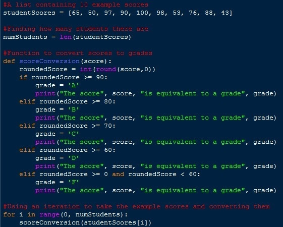 Write a program that reads a list of scores and then assigns grades python-example-1