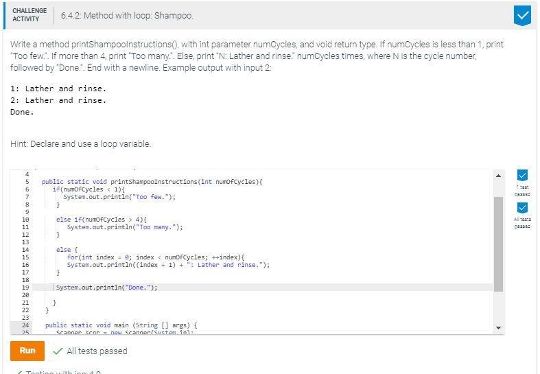 Write a function PrintShampooInstructions(), with int parameter numCycles, and void-example-1