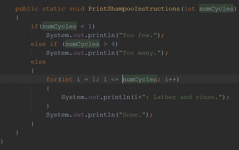 Write a function PrintShampooInstructions(), with int parameter numCycles, and void-example-1