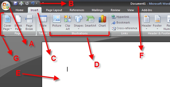 Which part of the Word screen matches label B? a. Group b. Ribbon c. Tab d. QAT-example-1