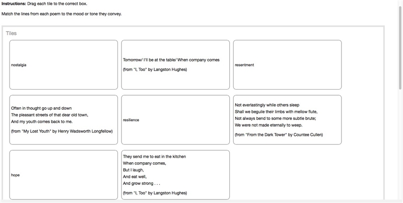 Match the lines from each poem to the mood or tone they convey. Tiles nostalgia Tomorrow-example-1