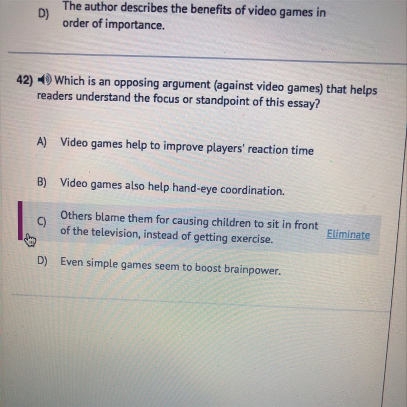 Which is an opposing argument (against video games)-example-1