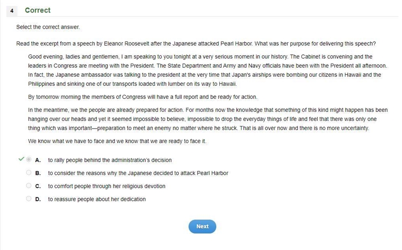 Read the excerpt from a speech by Eleanor Roosevelt after the Japanese attacked Pearl-example-1
