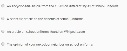 Review the thesis. School uniform should not be required in public school. Which source-example-1