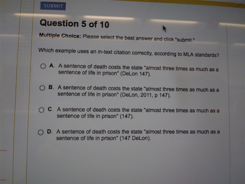 What example uses an in text citation correctly. according to MLA standards-example-1