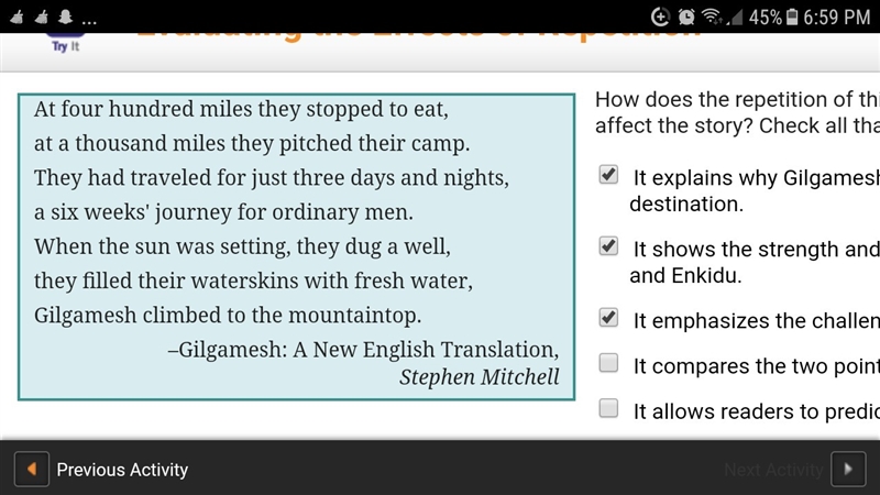 How does the repetition of this passage most clearly affect the story? check all that-example-1