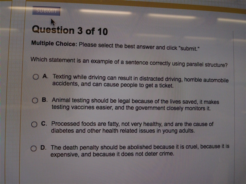 Which statement is an example of a sentence correctly using parallel structure?-example-1