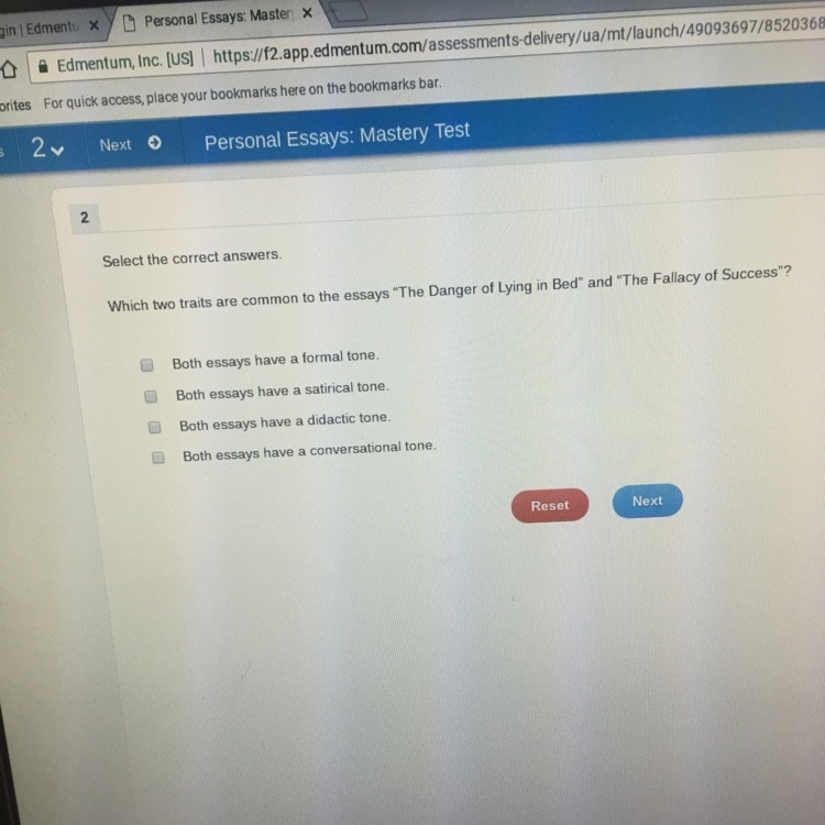 Which two traits are common to the correct essay me “the danger of lying in bed” and-example-1