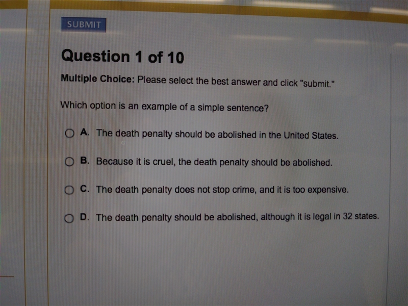 Help pls. what option is an example of a simple sentence?-example-1