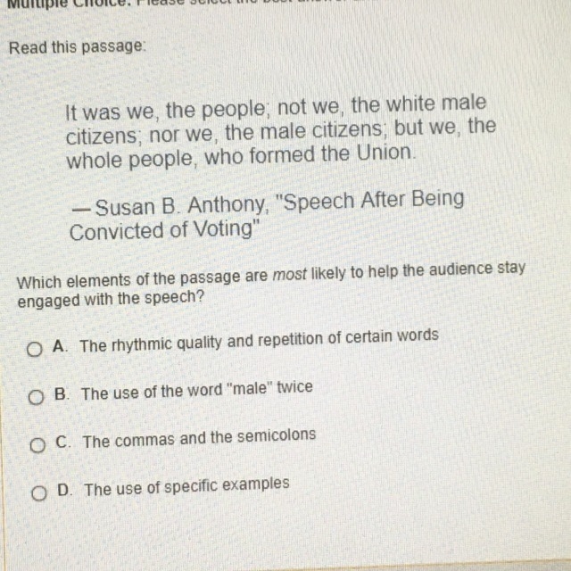 Which elements of the passage are most likely to help the audience stay engaged with-example-1