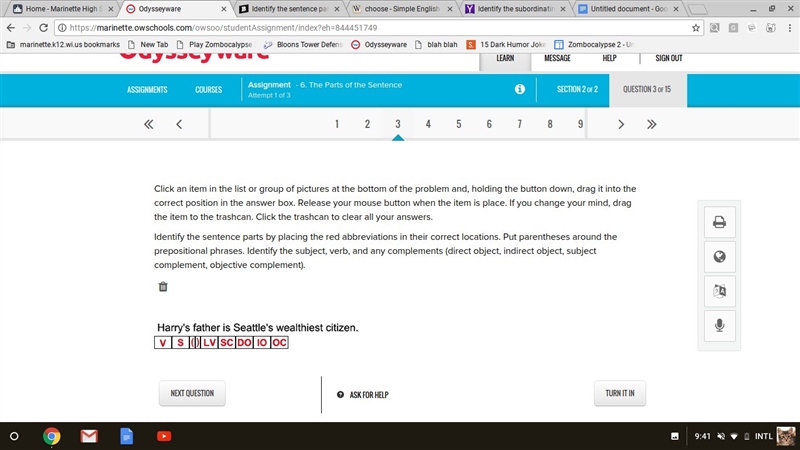 Identify the sentence parts by placing the red abbreviations in their correct locations-example-1