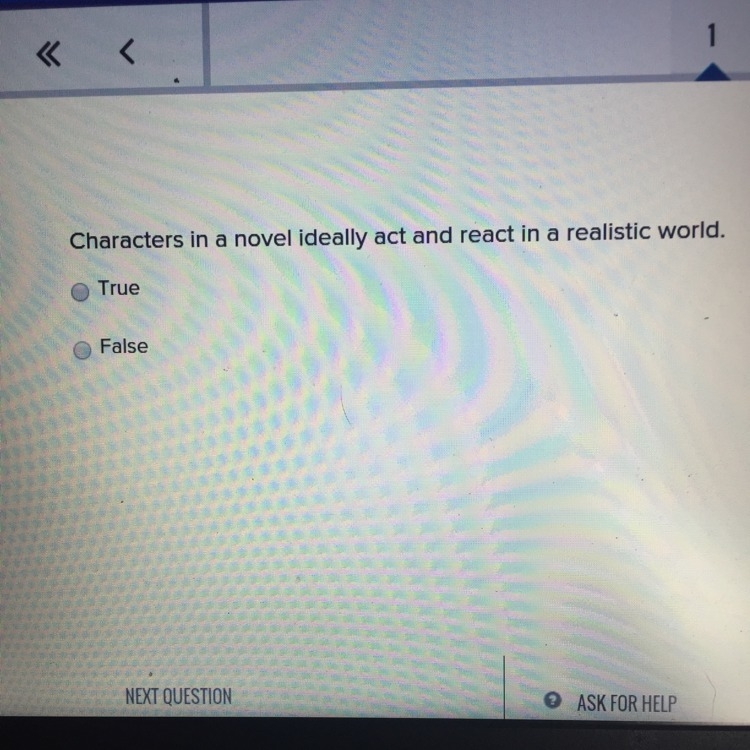 Characters in a novel ideally act and react in a realistic world. -true -false-example-1