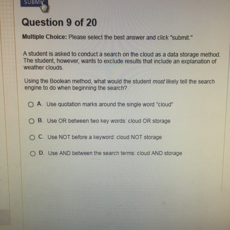 Using the Boolean method, what would the student most likely tell the search engine-example-1