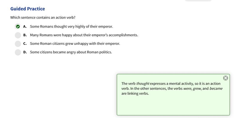 Which sentence contains an action verb? a. some roman citizens grew unhappy with their-example-1