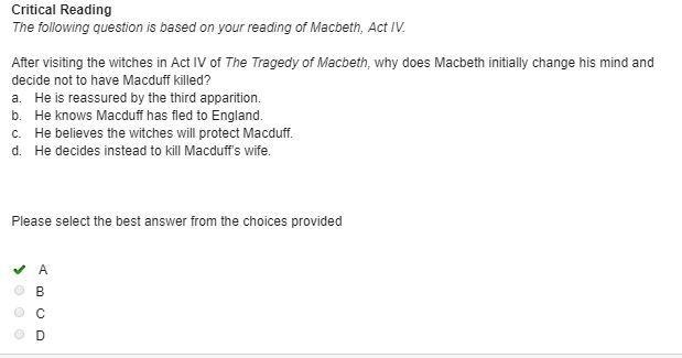 After visiting the witches in act iv of the tragedy of macbeth, why does macbeth initially-example-1