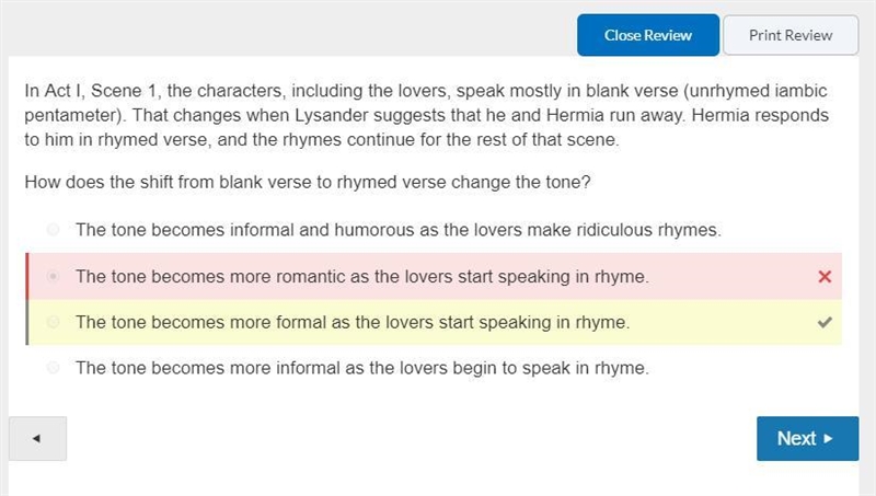 Please help me In Act I, Scene 1, the characters, including the lovers, speak mostly-example-1