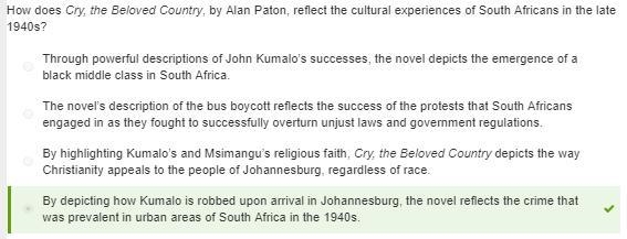 How does cry, the beloved country, by Alan Paton, reflect the cultural experiences-example-1