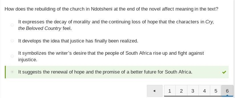 Quiz: Cry the Beloved Country H Assessment items How does the crumbling of the church-example-1