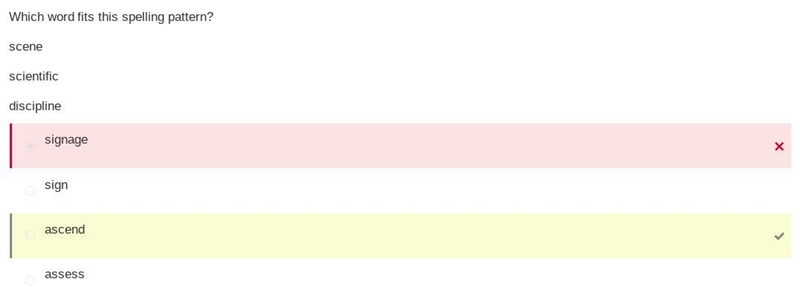 Which word fits in the spelling patter (scene, scientific, discipline) 1. ascend 2.assess-example-1