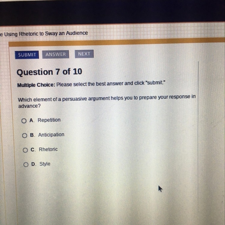 Which element of a persuasive argument helps you to prepare your response in advance-example-1