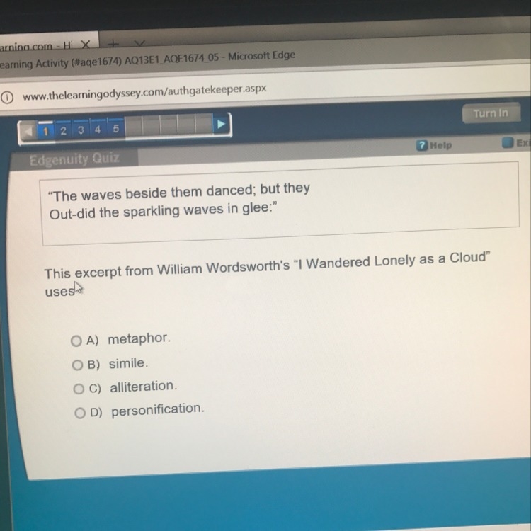 This excerpt from William Wordsworth I wandered Lonely as a cloud uses ??-example-1