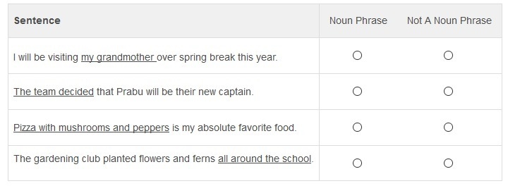 Select Noun Phrase if the underlined group of words is a noun phrase. Select Not a-example-1