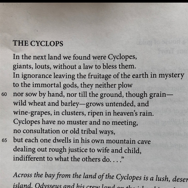 How does Odysseus regard the Cyclops based on the description in lines 56-67 of book-example-1