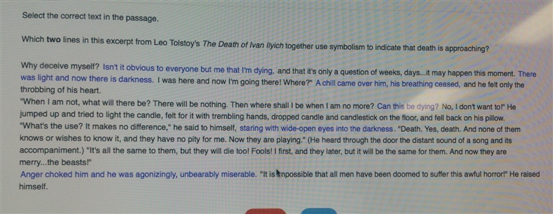 which two lines in this excerpt from Leo Tolstoys the death of ivan llyich use symbolism-example-1