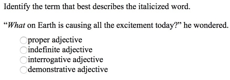 Identify the term that best describes the italicized word. "What on Earth is-example-1