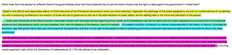 Which lines from this excerpt of Jefferson Davis’s Inaugural Address show that Davis-example-1