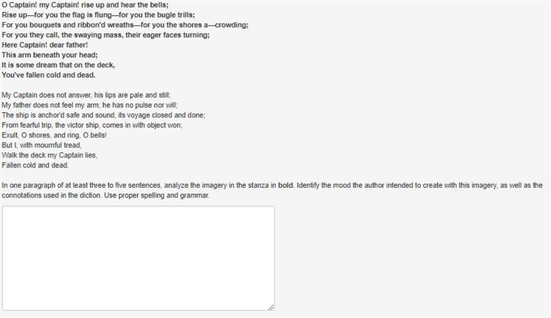 PLEASE HELLP AS SOON AS POSSABLE! Bold rext: O Captain! my Captain! rise up and hear-example-1