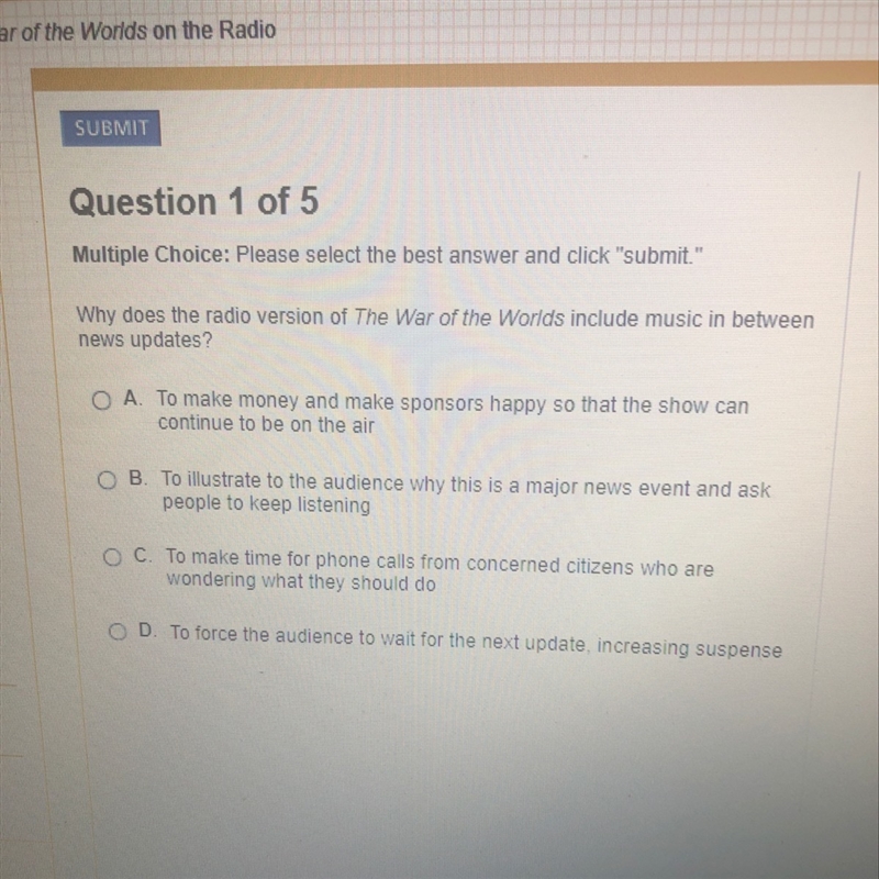 Why does the radio version of the war of the worlds include music in between news-example-1