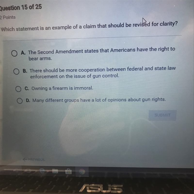 Which statement is an example of a claim that should be revised for clarity?-example-1