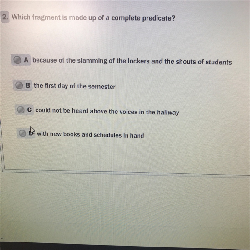 Which fragment is made up of a complete predicate?-example-1