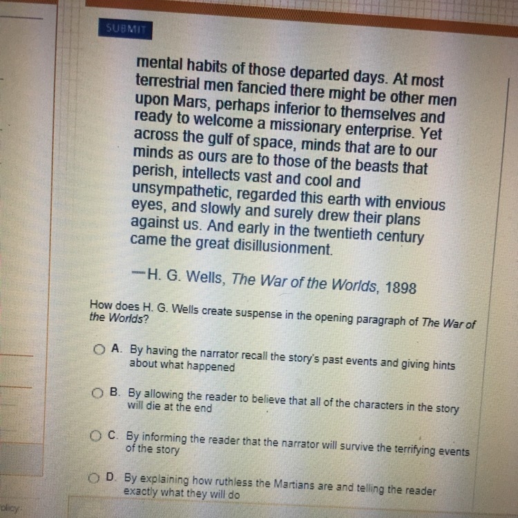 How does h.g. wells create suspense in the opening paragraph of The War of the Worlds-example-1