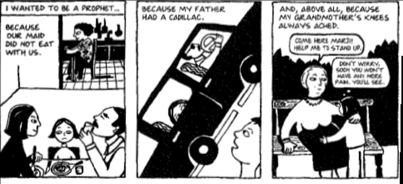 Read the excerpt from Persepolis. What is the central idea of these panels? (Image-example-1