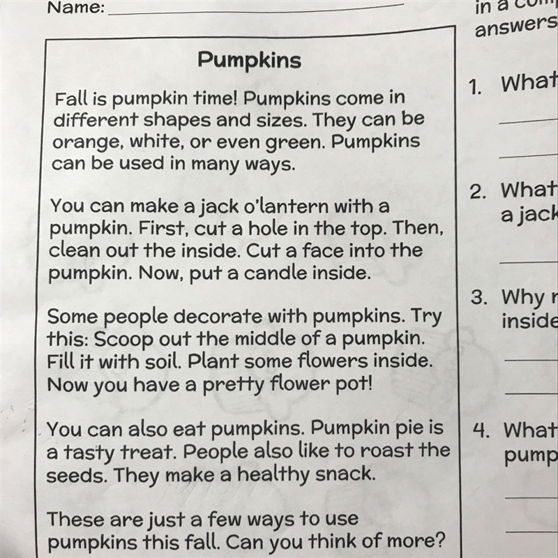 1. What colors can pumpkins be? 2. What is the last step for making a jack oil and-example-1