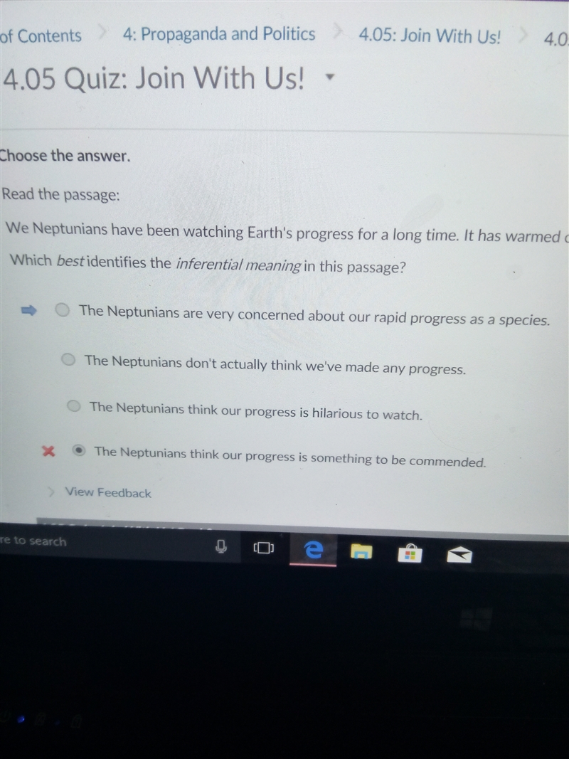 Choose the answer. Read the passage: We Neptunians have been watching Earth’s progress-example-1