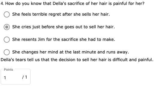 How do you know that Della's sacrifice of her hair is painful for her-example-1