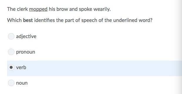 Identify the part of speech of the underlined word. Read the sentence. The clerk mopped-example-1