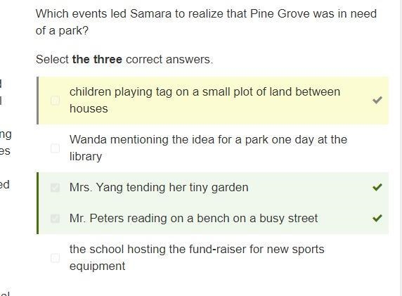 Which events led Samara to realize that Pine Grove was in need of a park? Select each-example-1