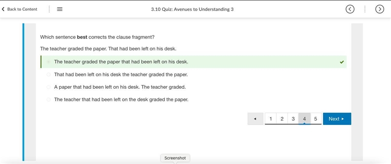 Which choice corrects the clause fragment? The teacher graded the paper. That had-example-1