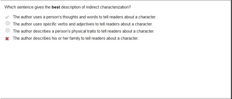 Which sentence gives the best description of indirect characterization? The author-example-1