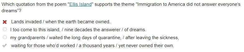 Which quotation from the poem "Ellis Island" supports the theme "Immigration-example-1