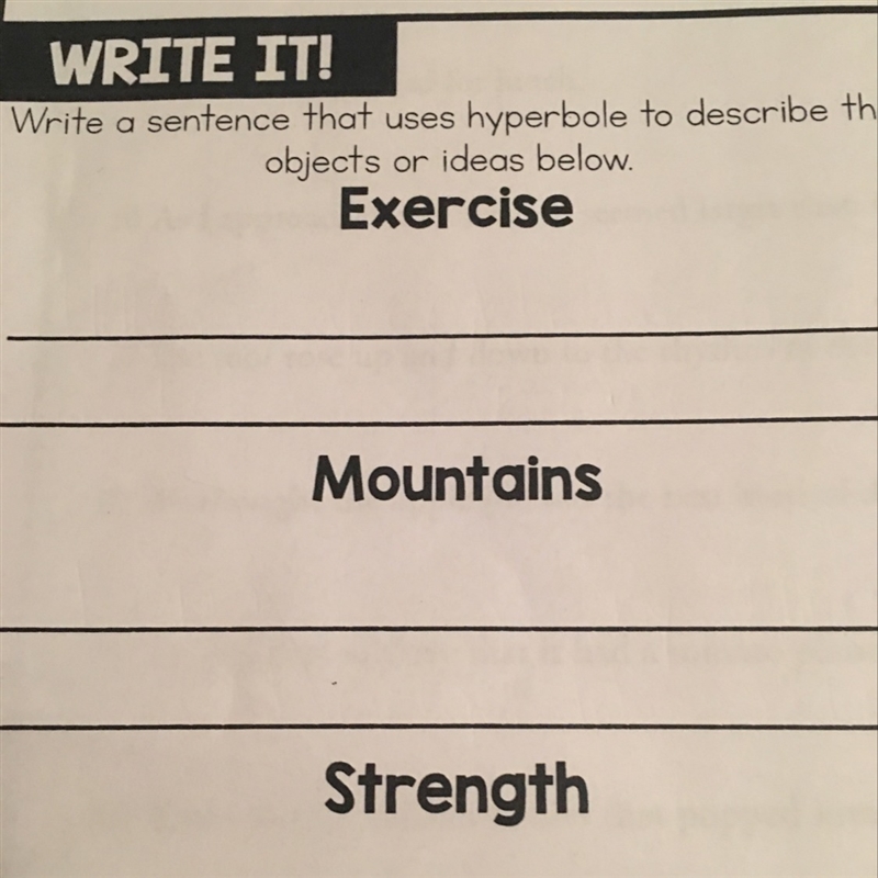 What is another Hyperbole for Exercise, Mountains, and strength?-example-1