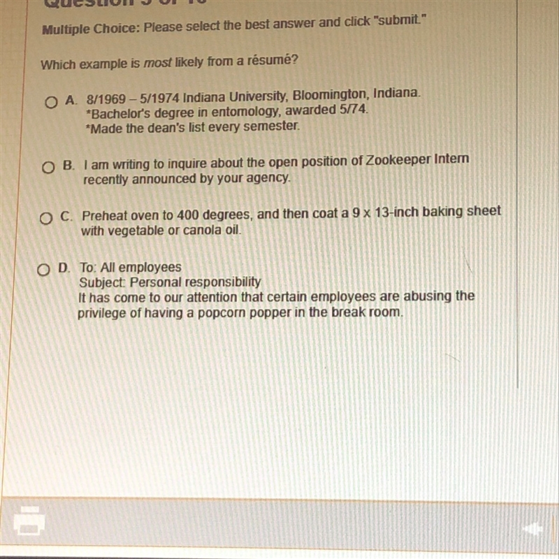 Which example is most likely from a résumé?-example-1