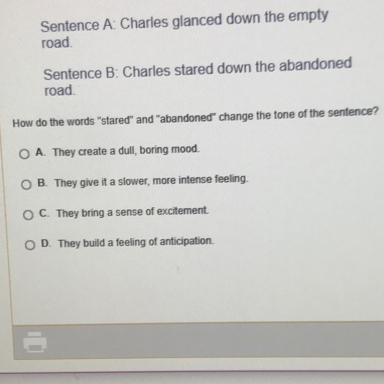 How do the words "stared" and "abandoned" change the tone of the-example-1