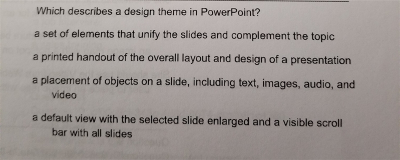 Which describes a design theme in a PowerPoint?-example-1