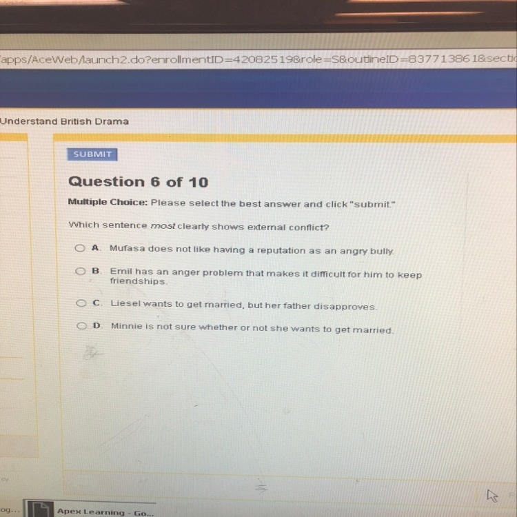 Which sentence most clearly shows external conflict?-example-1