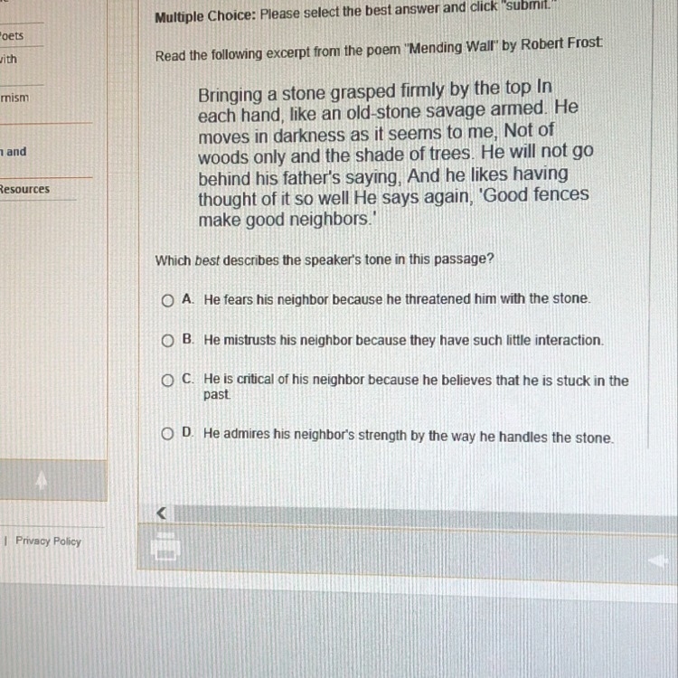 Which describes the speakers tone in this passage.-example-1